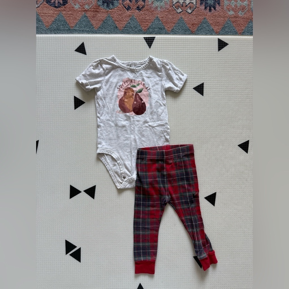 Carters|Baby girl SWEET AS CAN BE plaid leggings & bodysuit with fruit/pear•24M